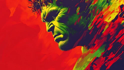 Green raging figure in red abstract comic portrait.