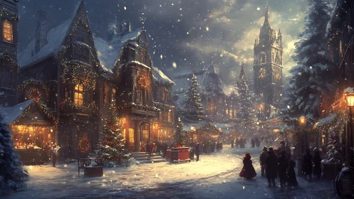 Snowy Christmas village street with market lights aglow.