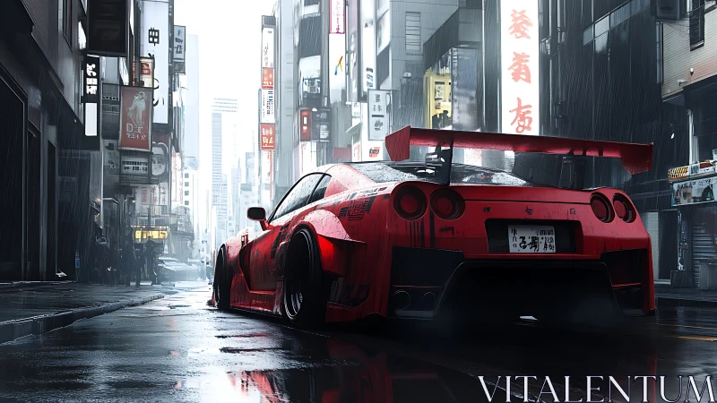 Modified red sports car is parked on wet urban street
