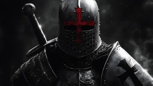 Crusader knight portrait with blood red cross helm armor.