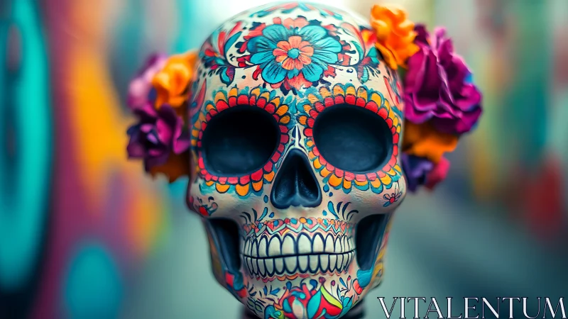Decorated sugar skull with floral motifs and blurred backdrop.
