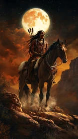 Moonlit Native rider surveys fiery canyon landscape at night.