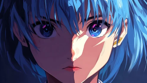 Blue haired anime portrait shows intense split lighting contrast