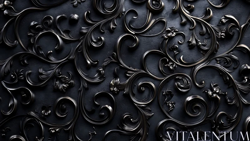 Baroque black metal scrollwork unfolds across a moody surface
