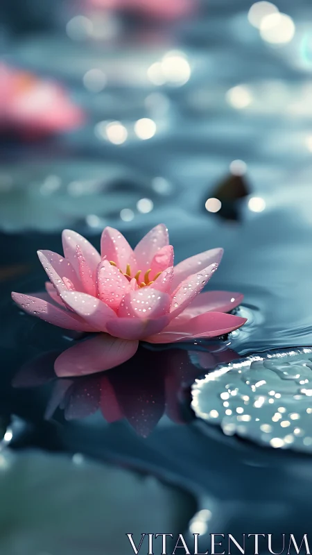 Dew-covered pink water lily floats on glossy bokeh water