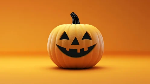 Orange jack o lantern with carved face on plain background.