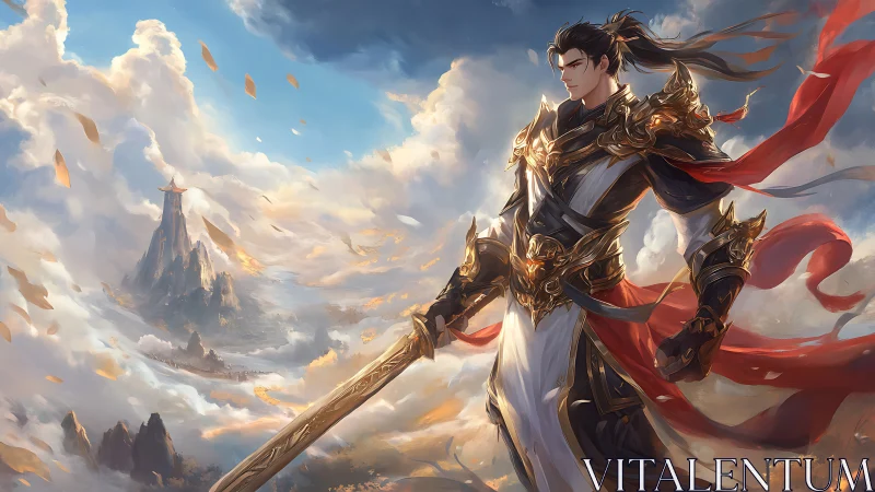 Heavenly mountaintop swordsman in ornate golden armor