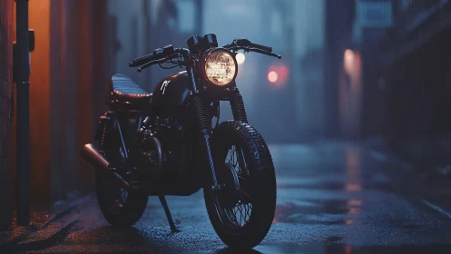 Moody night motorcycle waiting in a quiet rainy alley.