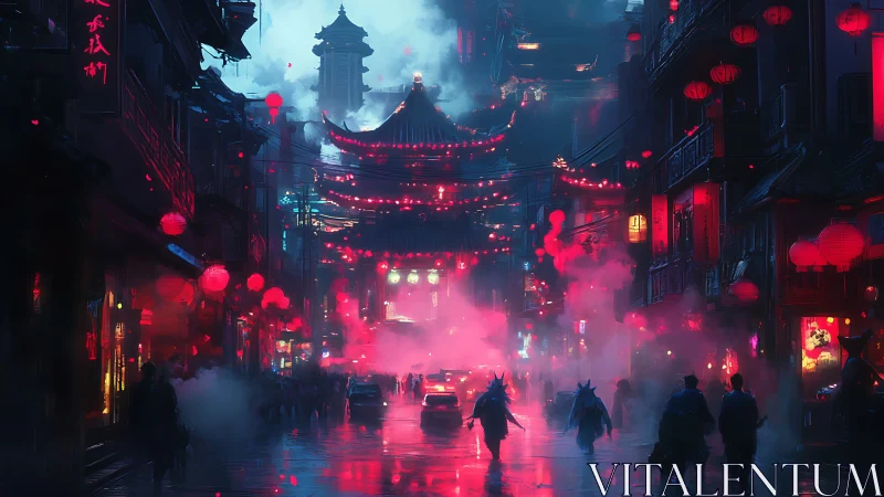 Night city street shows neon red lanterns and dense mist