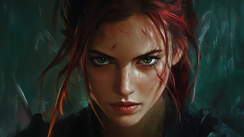 Digital portrait of scarred woman with intense green eyes.