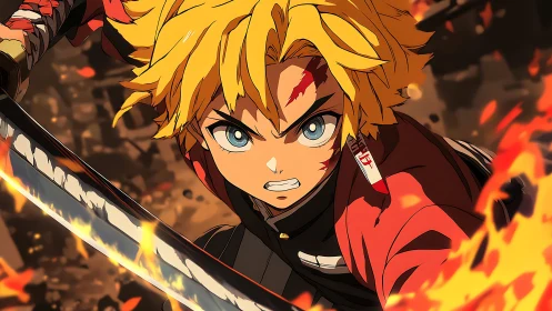 Blond anime swordsman charges through wildfire fury in battle.