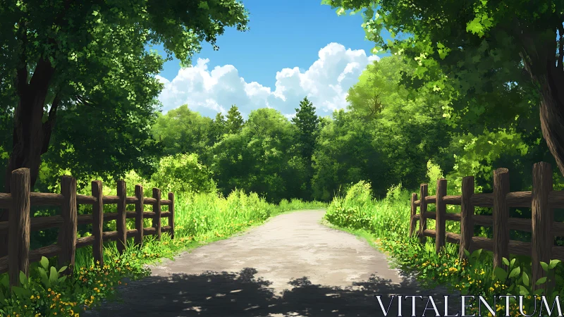 Sunlit rural path framed by dense summer foliage and fence.