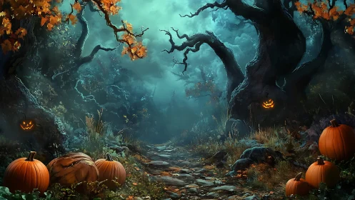 Nocturnal forest path with spectral pumpkins and twisted oaks.