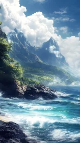 Dramatic Coastal Mountain Formation: Stratocumulus Cloud Dynamics Over Turquoise Waters.