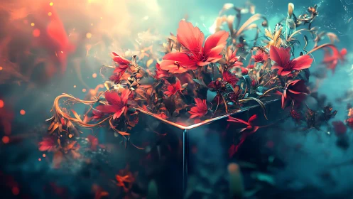 Red flowers emerging from reflective geometric vessel.