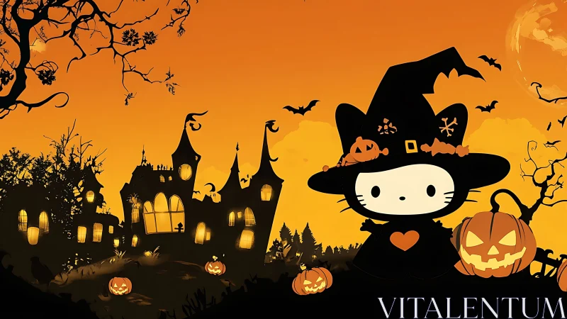 Halloween illustration depicting character with haunted manor silhouette scene