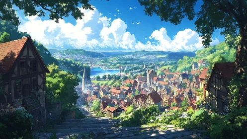 Sunlit hillside path overlooks dense riverside medieval townscape