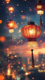 Red Chinese lanterns glowing over city at dusk sky.