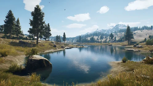 Serene alpine lake reflecting pines and distant snowy peaks.