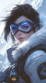 Arctic-eyed explorer gazes through glowing frostlit goggles.