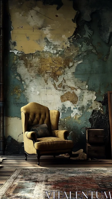 Yellow reading chair dreams beneath a timeworn world map wall