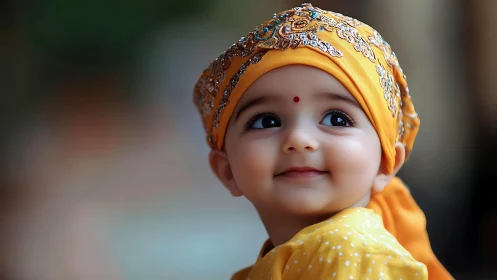 Infant in Golden Headwrap with Bindi Marking.