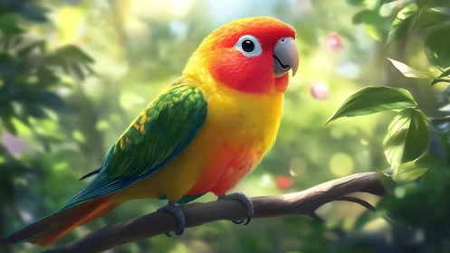 Vibrant parrot on branch in sunlit forest, digital art style.