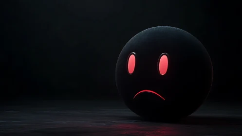 Luminous sad-face sphere in low-key volumetric studio light.