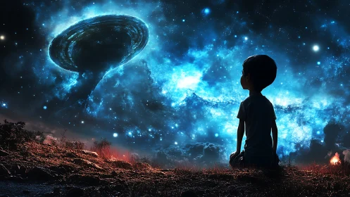 Silhouetted child observes luminous galactic vortex and hovering disk