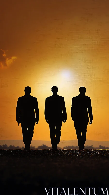 Three Silhouetted Businessmen Walking Into Golden Sunset