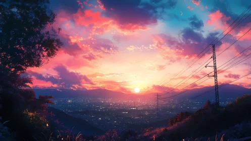 Electric skyline at sunset above glowing valley cityscape.