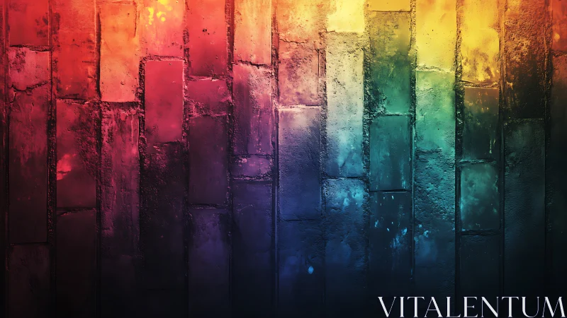 Radiant colored brick wall glows with a warm rainbow gradient