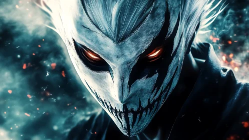 Masked skull-faced figure with glowing red eyes in smoke.