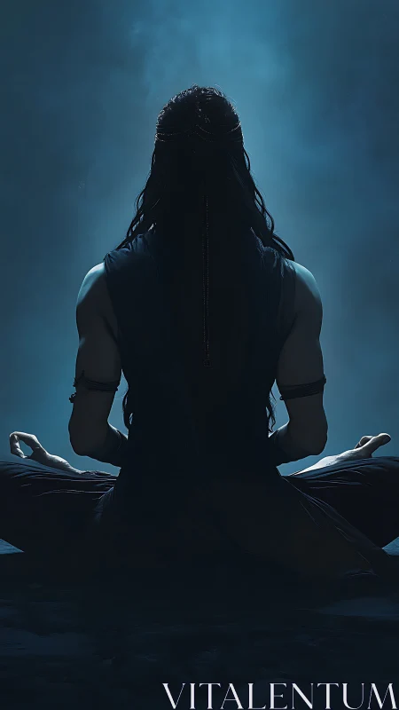 Mystic yogi silhouette in moonlit blue atmospheric backlight.