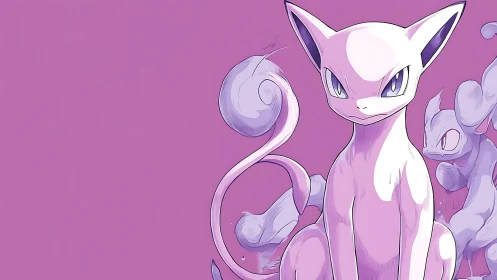 Pink feline creature sits poised before ghostly doubles