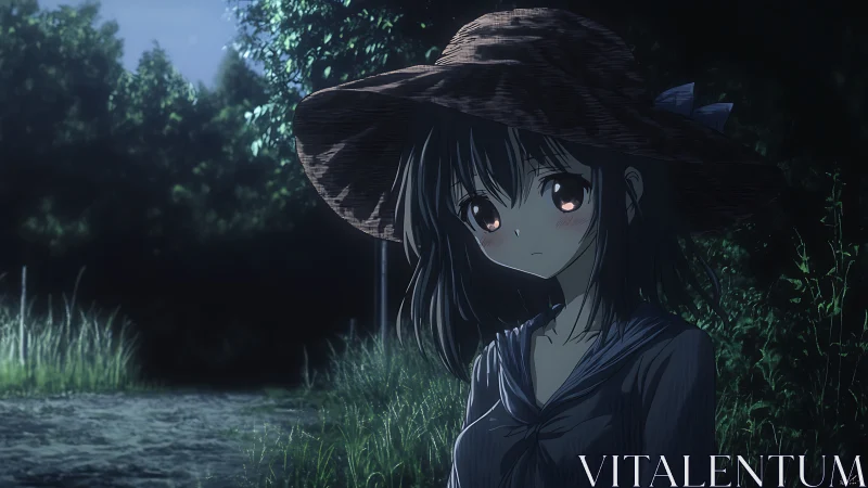 Moonlit garden wanderer in a wide straw hat of quiet dreams.