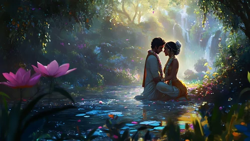 Enchanted Garden Romance: Two Hearts in Magic Light.