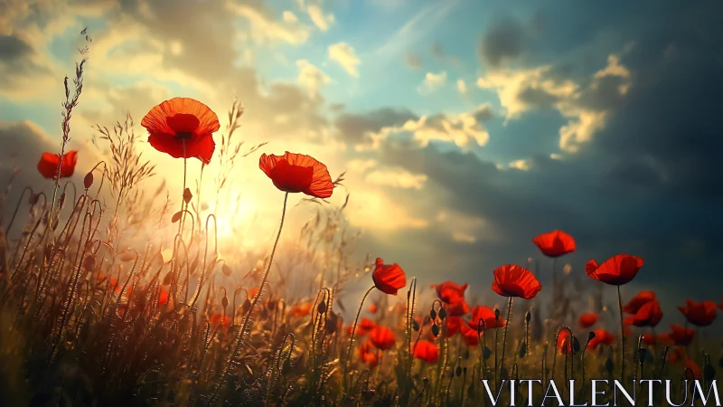 Sunlit poppy field glows under dramatic stormy sky.