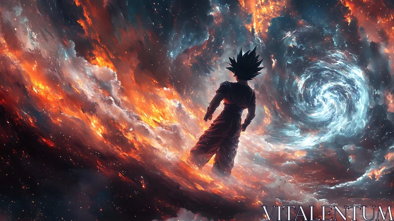 Silhouetted figure in fiery cosmic clouds facing spiral portal.
