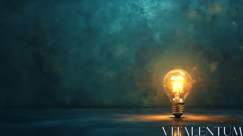 Illuminated incandescent bulb on reflective surface in teal space.