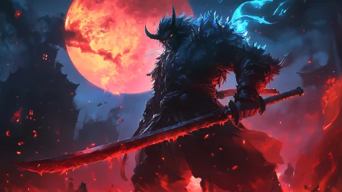 Horned swordsman stands before red moon in fiery scene