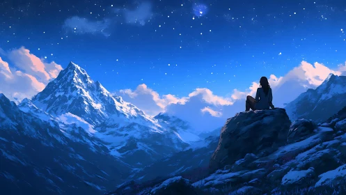 Solitary figure under starry alpine sky in twilight panorama