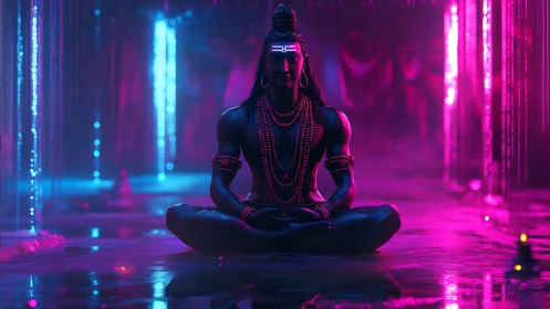 Neon-lit meditative deity in a dreamy cosmic temple glow.