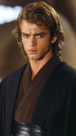 Brooding young warrior in dark sci fi robes portrait.