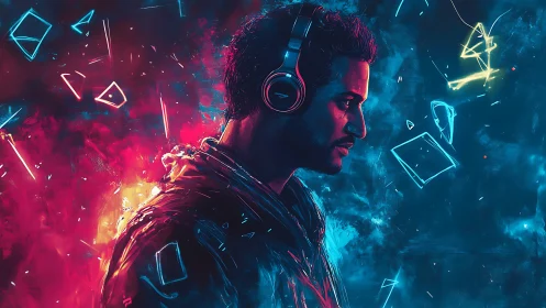 Neon-lit portrait of a headphone listener divides warm and cool light