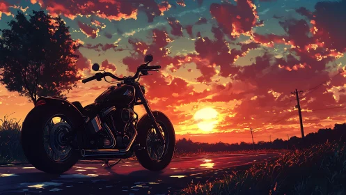 Silhouetted cruiser motorcycle anchors a sunset roadside vista
