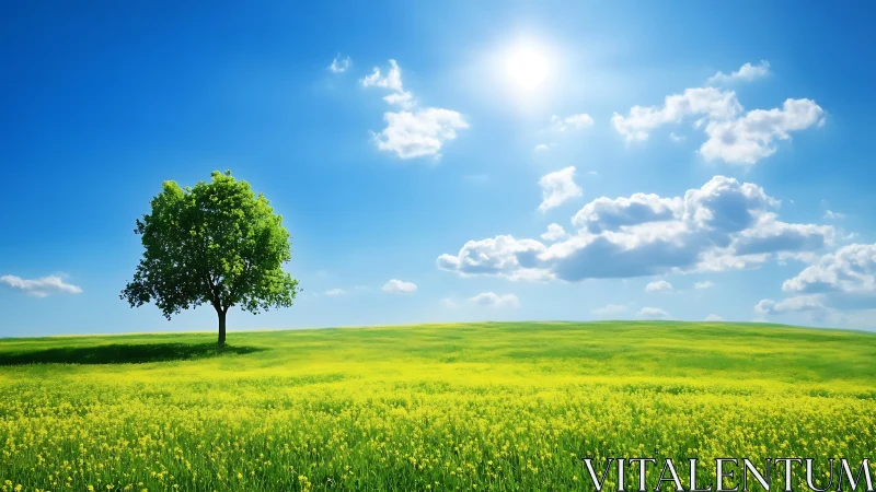 Solitary deciduous tree on sunlit canola meadow under noon sky