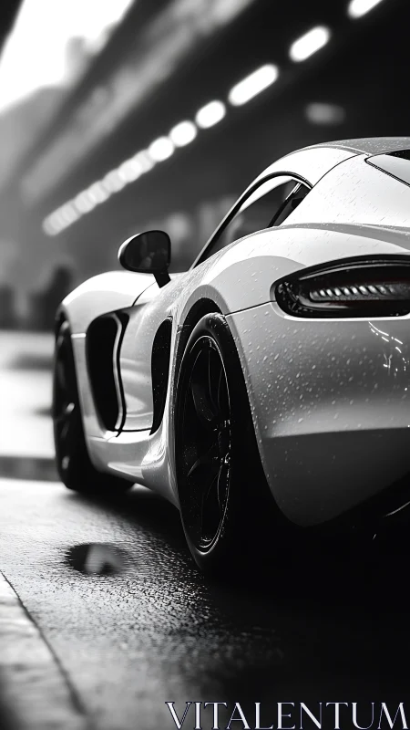 Rain-slicked supercar waits, coiled like chrome lightning