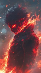 Flaming lone warrior emerges from smoke in fiery stillness.