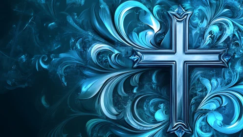 Chromatic cyan crucifix with swirling abstract fractal plumes